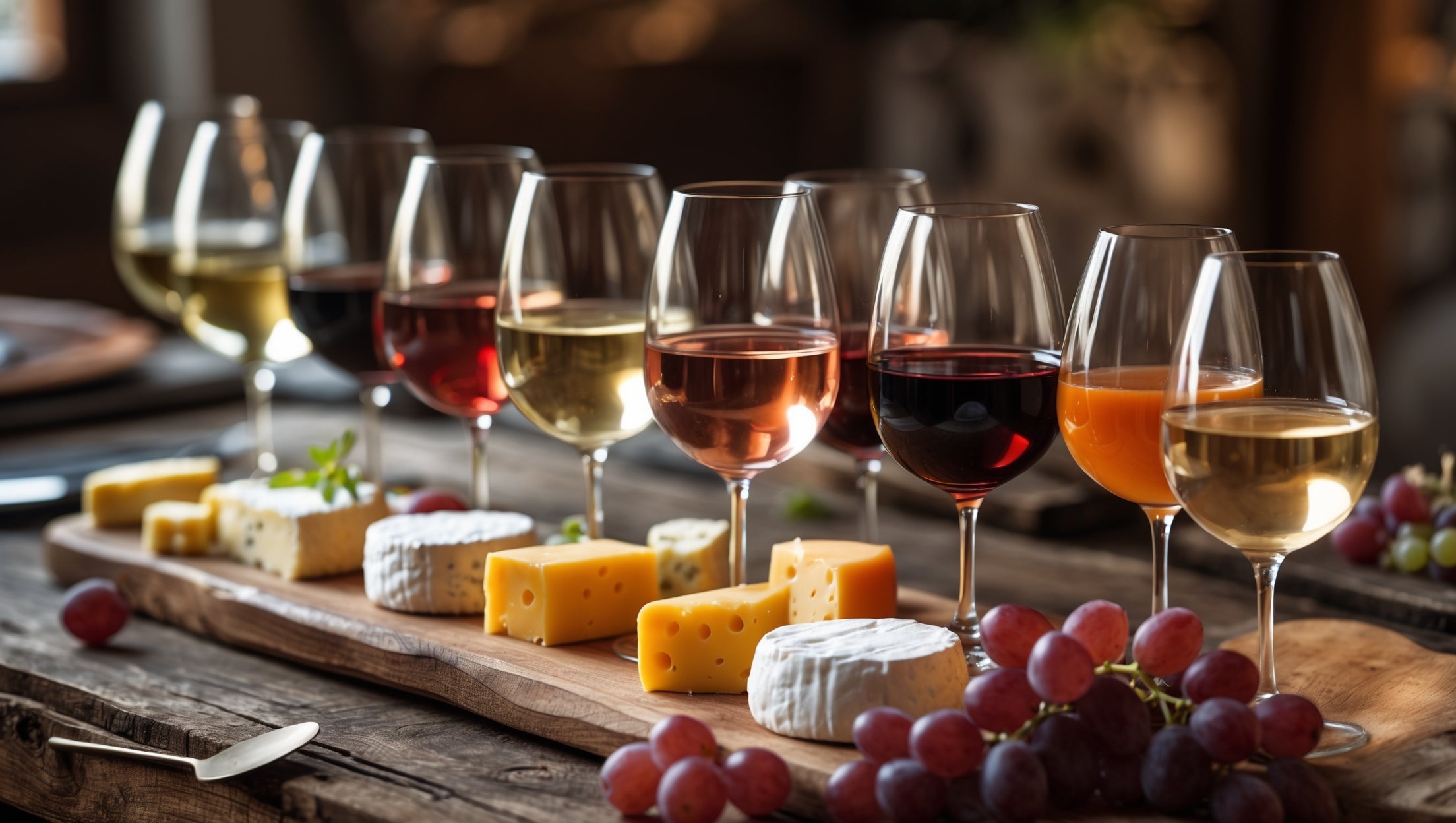 „Elegant gedeckter Tisch mit verschiedenen Gläsern Wein und einer Auswahl an Käse – Genussmomente vom Bio Weingut Friesenhengst, eingefangen in einem Bild.“